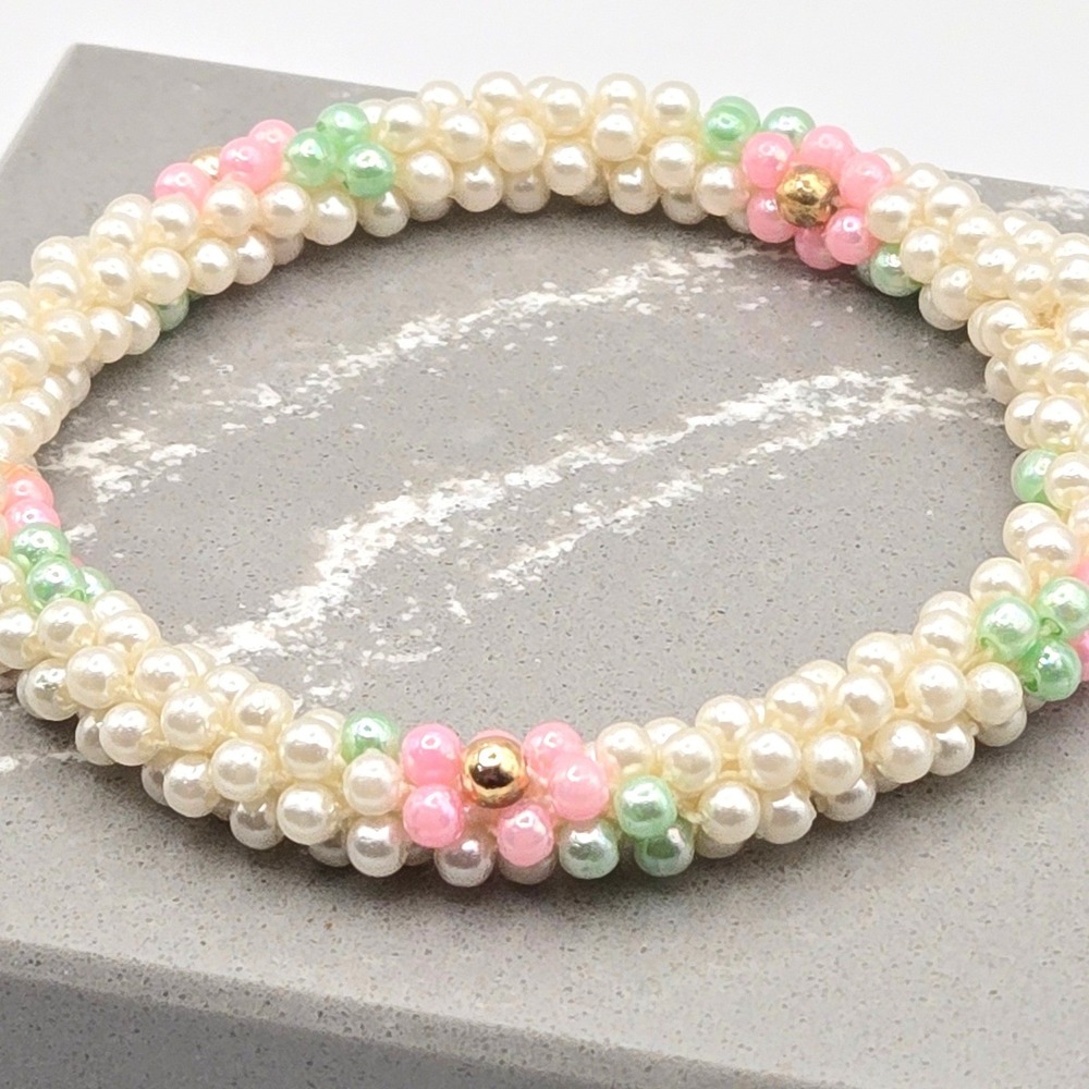 Handmade Beaded Roll On Flower Bracelet White Pastel Pink Green Gold Tone Spring